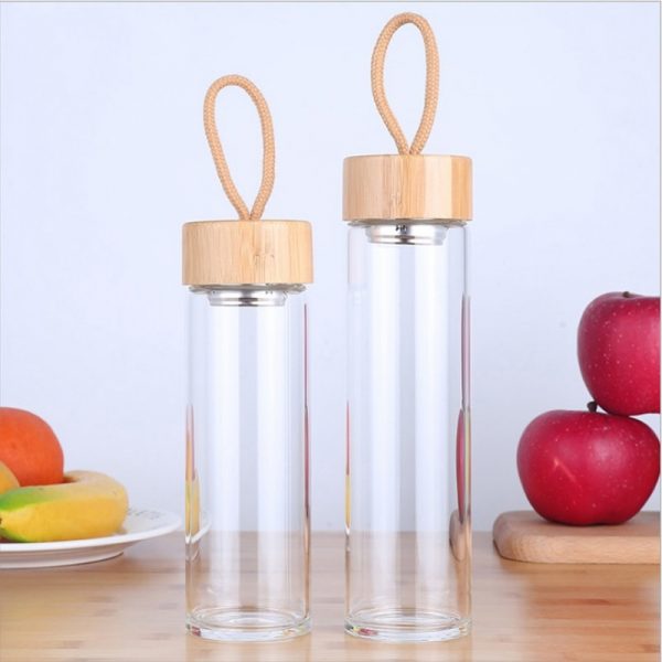 Botellas de agua de cristal de alta calidad de 400ml y 500ml, tapa de bambú con cuerda, botella de bebida embotellada para bebidas, botella de té portátil para exteriores
