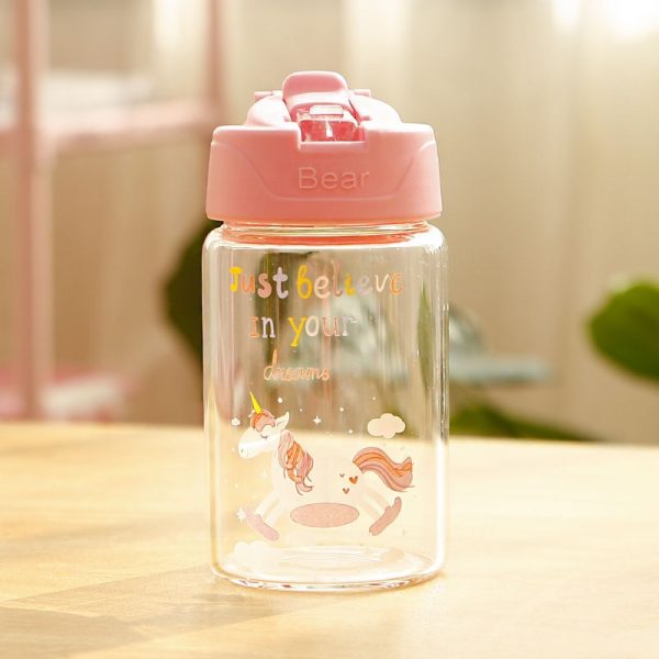 Botella de agua de vidrio unicornio para niños con paja y tapa abatible botella de bebida de viaje a prueba de fugas BPA gratis 300 ml, 400ml