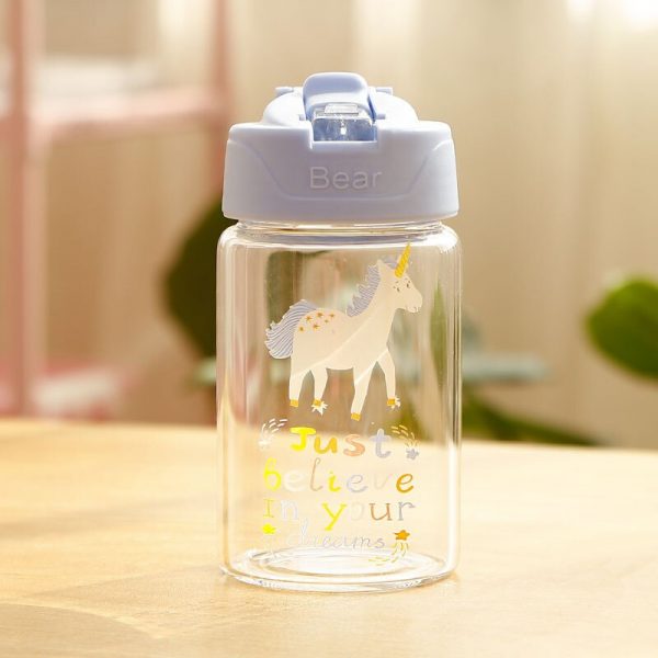 Botella de agua de vidrio unicornio para niños con paja y tapa abatible botella de bebida de viaje a prueba de fugas BPA gratis 300 ml, 400ml